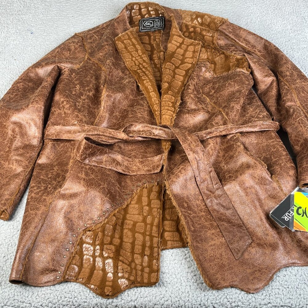 CHI  by Falchi Coat Womens 2X Brown Reversible Faux Fur Tie Front Studded Jacket